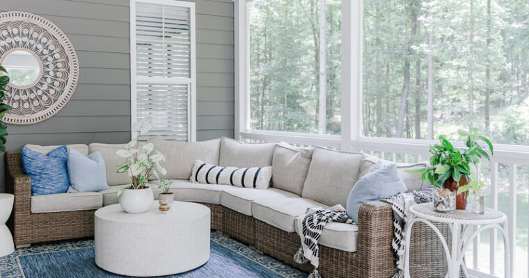 Wooded screened porch with outdoor sectional